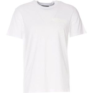 Moschino, Tops, Heren, Wit, M, Katoen, Wit Katoenen Ronde Hals Logo Print T-shirt