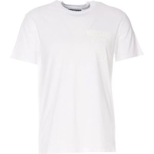 Moschino, Wit Katoenen Ronde Hals Logo Print T-shirt Wit, Heren, Maat:M