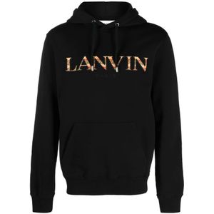 Lanvin, Sweatshirts & Hoodies, Heren, Zwart, L, Katoen, Zwarte katoenen trui met capuchon en geborduurd logo