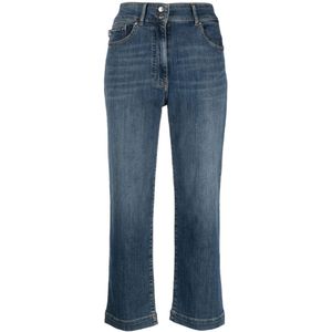 Love Moschino, Jeans, Dames, Blauw, W29, Denim, Hoge taille denim broek met borduurwerk