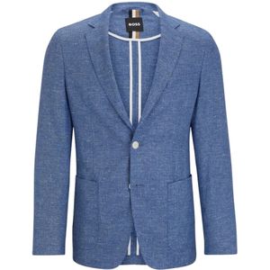 Hugo Boss, Pakken, Heren, Blauw, M, Linnen, Verfijnde Slim Fit Jas met Micro Patroon