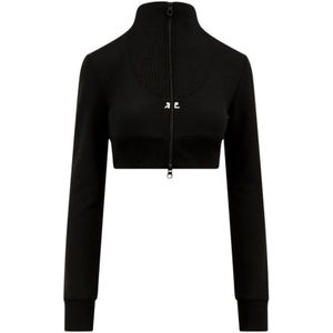 Courrèges, Zwarte Sweatshirt met Rits en Logo Patch Zwart, Dames, Maat:M