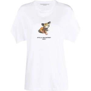 Stella McCartney, Tiger-Print Katoenen T-shirt Wit, Dames, Maat:M