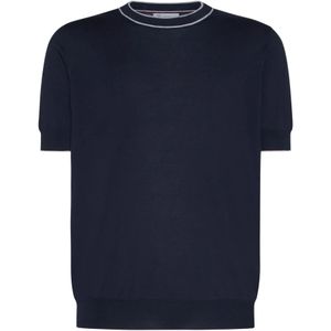 Brunello Cucinelli, Tops, Heren, Blauw, L, Katoen, Blauw Gebreid Ronde Hals T-shirt