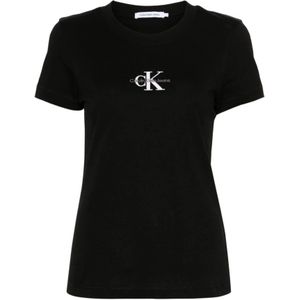 Calvin Klein Jeans, Tops, Dames, Zwart, S, Katoen, Zwarte Katoenen T-shirt met Voorlogo