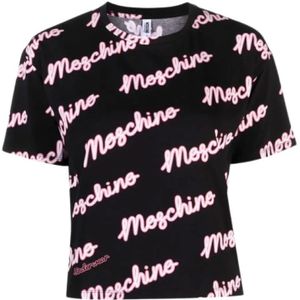 Moschino, Tops, Dames, Veelkleurig, XS, Katoen, Zwarte Logo Print Stretch Katoenen T-shirt