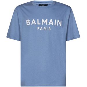 Balmain, Tops, Heren, Blauw, M, Katoen, Blauw T-shirt met Logo Print