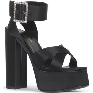 Saint Laurent, Schoenen, Dames, Zwart, 38 1/2 EU, Satijn, Zwarte Satijnen Plateau Sandalen met Gekruiste Bandjes