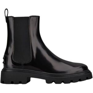 Tod's, Schoenen, Dames, Zwart, 37 EU, Leer, Zwarte Leren Chelsea Boot met Rubberen Tankzool