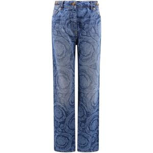 Versace, Barok Laserprint Jeans met Medusa-details Blauw, Dames, Maat:W27