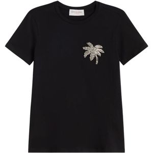 Ermanno Scervino, Tops, Dames, Zwart, S, Katoen, T-shirt met Rhinestone Palmboom