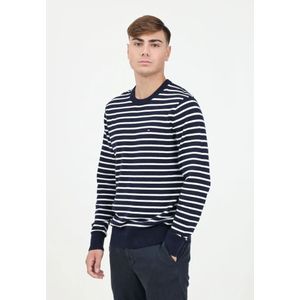 Tommy Hilfiger, Truien, Heren, Veelkleurig, M, Katoen, Blauwe Crew Neck Sweater met Gestreept Motief