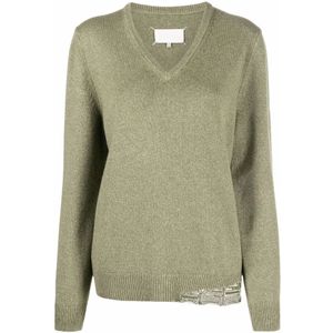 Maison Margiela, Wollen Trui, Blijf warm en stijlvol met deze V-hals gebreide trui Groen, Dames, Maat:M