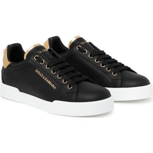 Dolce & Gabbana, Schoenen, Dames, Zwart, 35 EU, Leer, Zwarte en Gouden Portofino Lage Sneakers