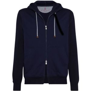 Brunello Cucinelli, Sweatshirts & Hoodies, Heren, Blauw, 3Xl, Katoen, Blauwe Katoenen Jersey Hooded Zip Sweater