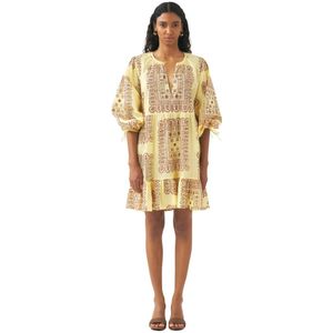 Antik Batik, Katoenen voile print mini jurk Nalii Geel, Dames, Maat:L