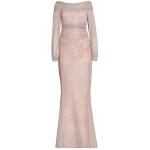 Talbot Runhof, Kleedjes, Dames, Roze, S, Polyester, Metallic Off-Shoulder Gedrapeerde Jurk