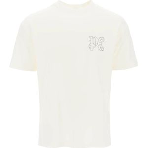Palm Angels, Tops, Heren, Wit, XL, Katoen, T-shirt met studs en monogram
