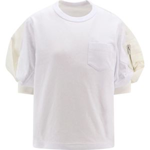 Sacai, Tops, Dames, Wit, L, Katoen, Witte Geribbelde T-shirt met Ritszak
