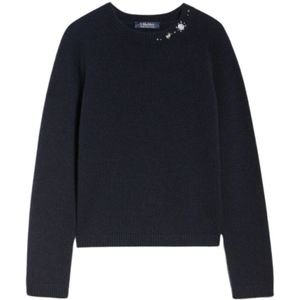 Max Mara Studio, Crew-neck Gebreide trui met Decoratieve Borduursels Blauw, Dames, Maat:S