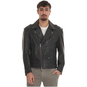 Boss, Leren Harrington Jas, Spijkermodel Zwart, Heren, Maat:XL