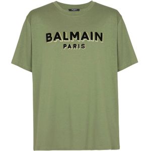 Balmain, Tops, Heren, Groen, S, Katoen, Groene Flocked Logo Crew Neck T-shirt