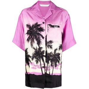 Palm Angels, Overhemden, Dames, Paars, 2Xs, Oversized Zijden Twill Bowling Shirt met Sunset Print