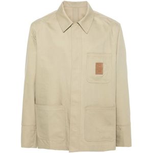 Salvatore Ferragamo, Beige Gabardine Overhemdjasje met Leren Logopatch Beige, Heren, Maat:M