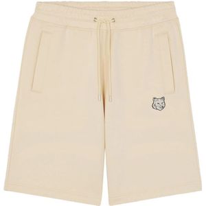 Maison Kitsuné, Korte broeken, Heren, Beige, L, Katoen, Beige Katoenen Jogger Shorts met Fox Head Patch