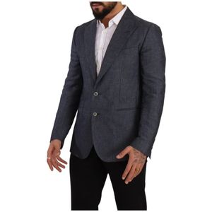 Dolce & Gabbana, Jassen, Heren, Blauw, M, Katoen, Blauwe Linnen Katoenen Jas Taormina Blazer