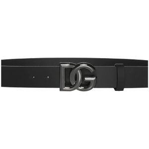 Dolce & Gabbana, Accessoires, Heren, Zwart, 105 CM, Zwarte Leren Riem met Zilveren DG Logo Gesp