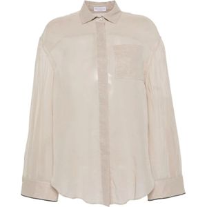 Brunello Cucinelli, Kwarts Grijze Semi-Transparante Katoenen Overhemd met Monile Piping Beige, Dames, Maat:M