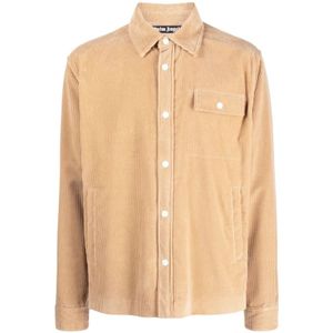 Palm Angels, Beige Corduroy Jack-Shirt met Logo Beige, Heren, Maat:M