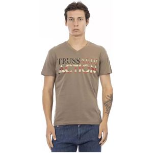 Trussardi, Bruine V-Hals T-Shirt met Voorkant Print Bruin, Heren, Maat:3XL
