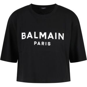 Balmain, Tops, Dames, Zwart, 2Xs, Katoen, Logo Print Crop T-Shirt