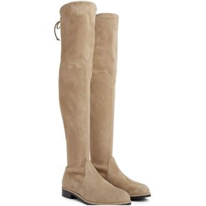 Stuart Weitzman, Schoenen, Dames, Beige, 41 1/2 EU, Suède, Gedurfde Stretch Over-de-Knie Laars