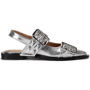 Ganni, Schoenen, Dames, Grijs, 38 EU, Metallic Gesp Ballerina Flats