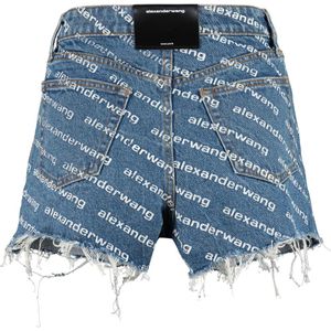 Alexander Wang, Korte broeken, Dames, Blauw, W24, Denim, Logo Print Denim Shorts