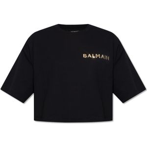 Balmain, Tops, Dames, Zwart, M, Katoen, Crop oversized T-shirt