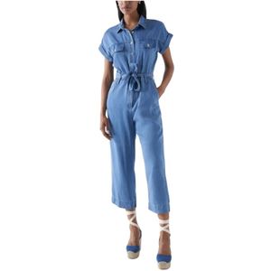 Salsa, Cropped Straight Denim Jumpsuit Blauw, Dames, Maat:S