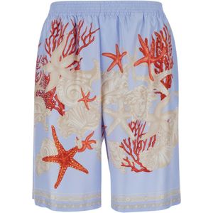 Versace, Korte broeken, Heren, Veelkleurig, M, Blauwe Zeebodemprint Zijden Shorts
