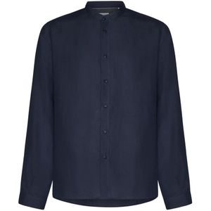 Brunello Cucinelli, Overhemden, Heren, Blauw, M, Hennep, Blauwe Hennep Bandkraag Shirt