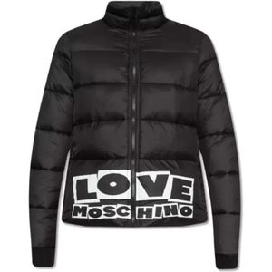 Love Moschino, Jassen, Dames, Zwart, L, Nylon, Zwarte Nylon Donsjas met Logo Print