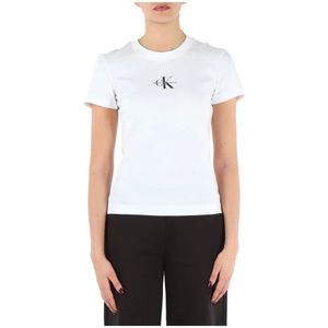 Calvin Klein Jeans, Tops, Dames, Wit, XL, Katoen, Slim Fit Katoenen T-shirt met Logo Borduursel