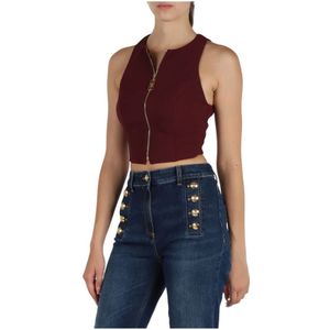 Elisabetta Franchi, Tops, Dames, Rood, L, Polyester, Cropped Zip Top in Doppio Crepe