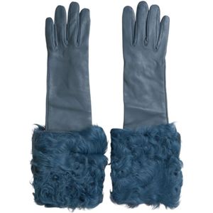 Dolce & Gabbana, Accessoires, Dames, Blauw, 8 IN, Blauwe Leren Bont Handschoenen