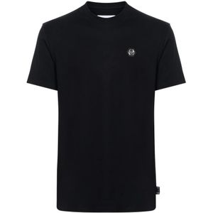 Philipp Plein, SS Hexagon Zwart T-Shirt met Zilver Logo Zwart, Heren, Maat:L