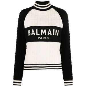Balmain, Truien, Dames, Beige, S, Katoen, Luxe Monogram Jacquard Logo Sweatshirt