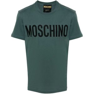 Moschino, Tops, Heren, Groen, L, Katoen, Groene Logo Print T-shirts en Polos