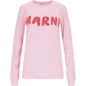 Marni, Roze Katoenen Logo T-shirt Roze, Dames, Maat:M